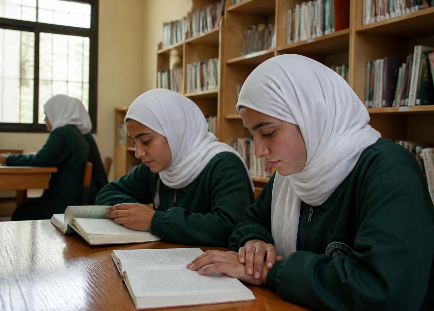 طالبات يقرأن في مكتبة مدرسية