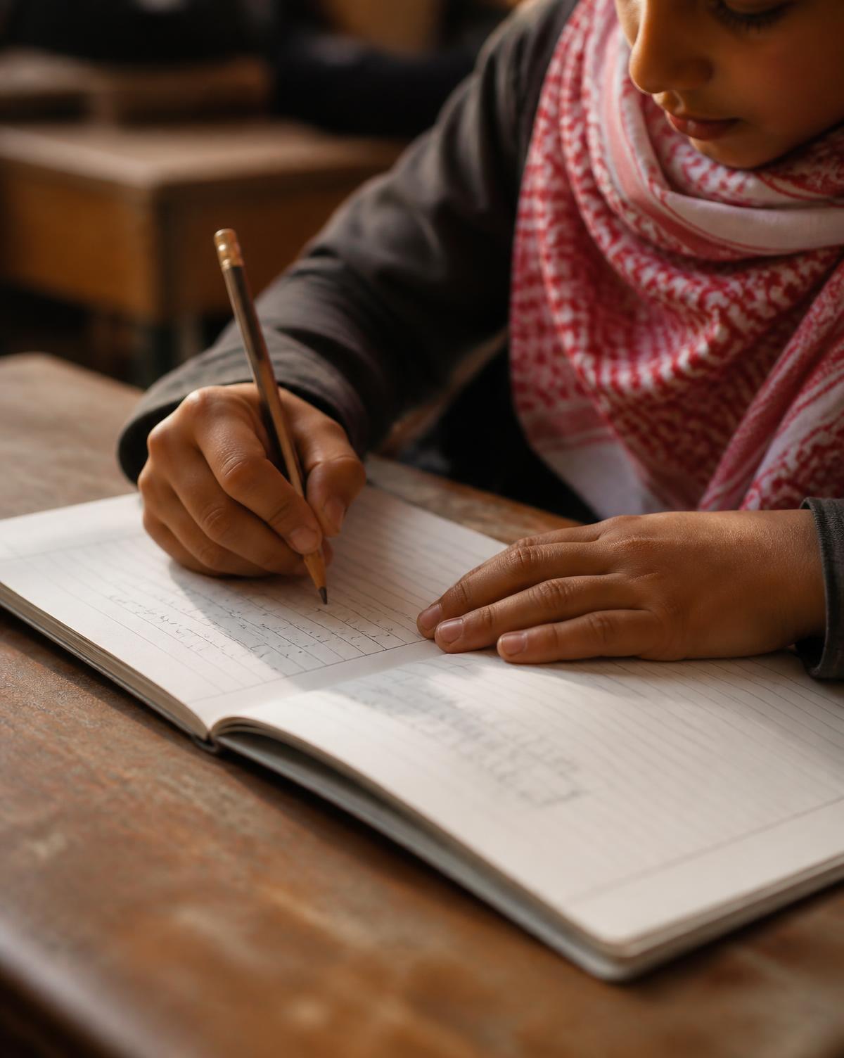 طالب يكتب بالعربية في دفتره